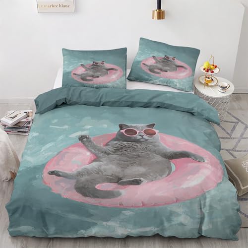 Katzen Bettwäsche 155x220 3teilig, Lustige Katze Tiermotive Bettwäsche-Set 155x220 cm, Mikrofaser 1 Wende Bettbezüge 155x220 mit 2 Kissenbezug 80x80cm und Reißverschluss, Weich & Bügelfrei