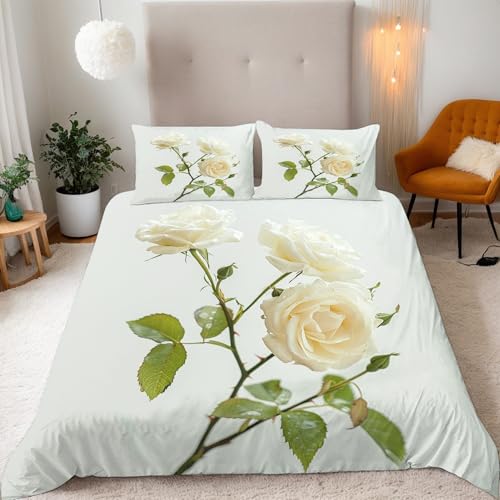 Bettwäsche 200x200 cm 3D Rose Blumen Pflanze Blatt Druck Kinder Bettwäsche-Sets 3teilig Mikrofaser Bedding Bettbezug 200x200 Weich Bettbezüge + 2 Kissenbezüge 80x80 Mit Reißverschluss Eckbinder