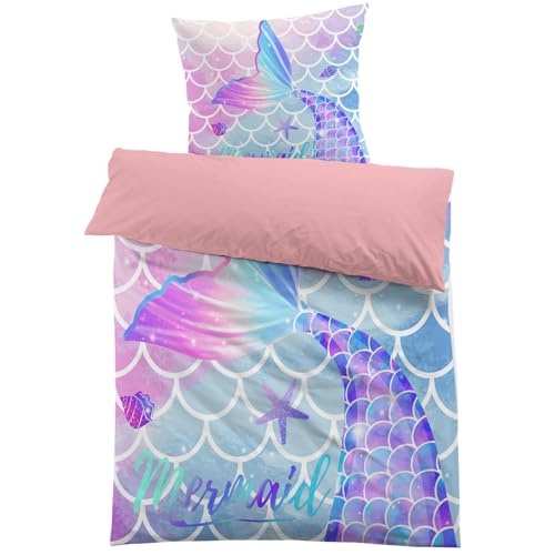 MUSOLEI Meerjungfrau Bettwäsche 135x200 Mädchen Mikrofaser-Polyester 3D Meerjungfrauenschwanz Kinderbettwäsche Bettbezug 135x200 und 1 Kissenbezug 80X80cm Geschenk für Mädchen