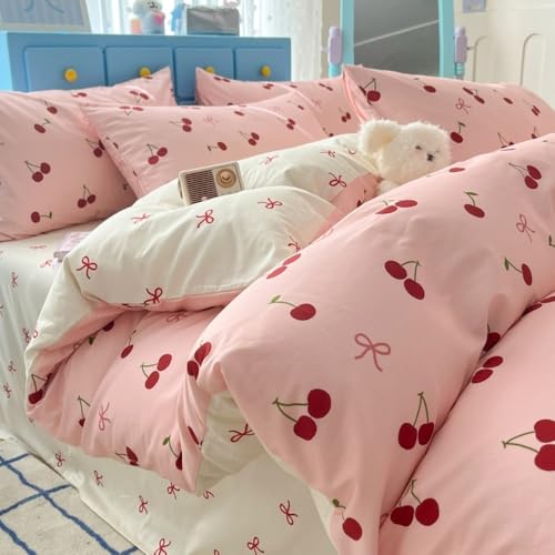 Nayoroom Bettwäsche 135x200 Mädchen Rosa Rot Kirschen Schleifen Bettbezug Set 2teilig Beige Kawaii Schleife Aesthetic Cute Schleifenmuster Microfaser Deckenbezug und Kissenbezug 80x80 Reißverschluss