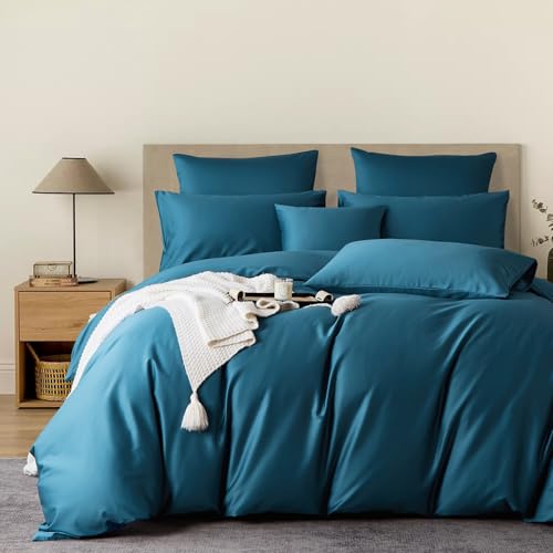 YASMENG Bettbezug aus Baumwollsatin, 220 x 240 cm, Petrol, 100 % Baumwolle, Satin, Deluxe, seidig, atmungsaktiv, Lyocell, Seide, Bettwäsche für Doppelbett, mit Reißverschluss und Kissenbezügen, 65 x