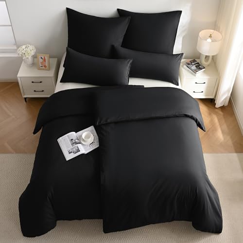 JELLYMONI Bettwäsche 135x200 Baumwolle Bettwäsche-Sets Schwarz Oeko-Tex 100% Gewaschene Baumwolle Bettbezug mit Reißverschluss und Kissenbezug 40X80 mit Umschlag Weich 2-Teilige Bettwäsche