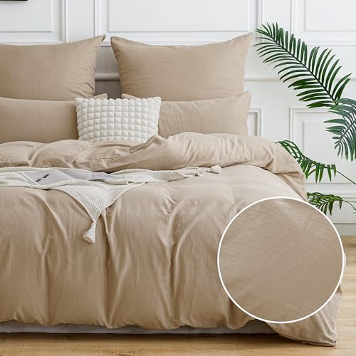 ATsense Doppelte Musselin Bettwäsche 135x200 Baumwolle 2teilig, Flaches Leinenartiges Aussehen Bettwäsche-Sets mit 1 Kissenbezüge 80x80cm, ÖKO-TEX Bettbezug Beige mit Reißverschluss