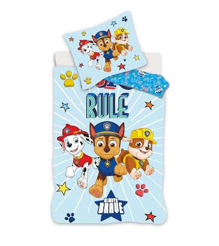 Paw Patrol Paw Patrol Bettwäsche für kleines Bett, wendbarer Bettbezug 100 x 135 cm + Kissenbezug 40 x 60 cm, 100 % Baumwolle, mit Marcus, Ruben und Chase (blau)