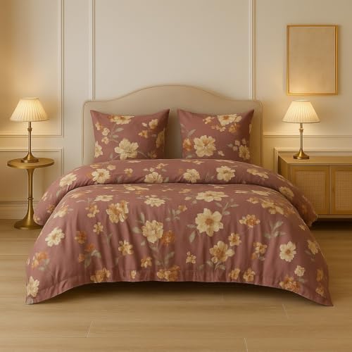 Bosaloni Home 4-teiliges Bettwäsche-Set für Doppelbett – Bettbezug 220 × 230 cm, Bettlaken 180 × 200 + 35 cm, 2 Kissenbezüge 50 × 80 cm – Florale Eleganz, weicher Stoff, pflegeleicht – Bouquet Weinrot
