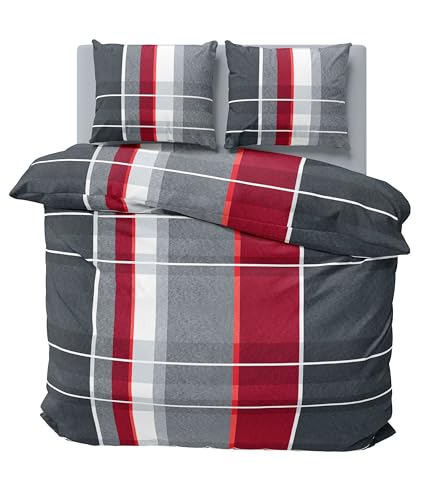 one-home Winter Bettwäsche 200x200 cm kariert gestreift grau rot Flausch Warme Fleece