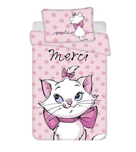 Jerry Fabrics Marie Aristocats Baby-Bettwäsche-Set 100% Baumwolle 'Merci' Design Kinderbett Bettbezug 100x135 cm und Kissenbezug 40x60 cm Rosa