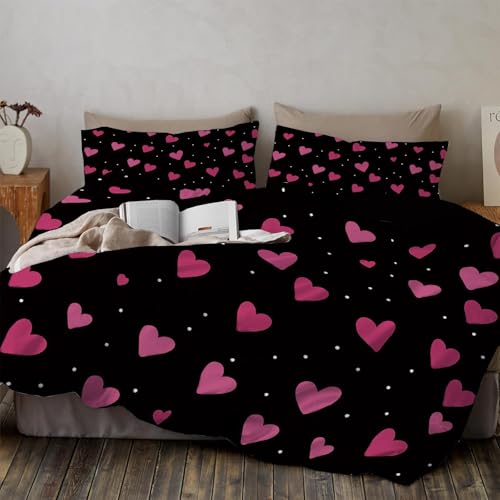 WunM Studio Bettwäsche 135 * 200cm Rotwein Rosa Herzmuster Bettbezug Set 2 Teilig Dünnes schwarzes Herz Blümchen Blumenmuster Weich Bettwäsche-Sets mit 1 Kissenbezüge 80x80 cm und Reißverschluss