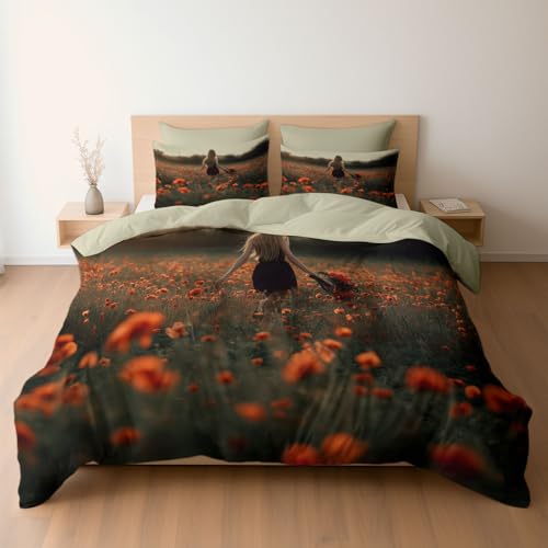 Bettwäsche Set 180 x 200 cm mit Kissenbezügen 2 x 80 x 80 Elegante Frau Mohnfeld Design, Mikrofaser Bettbezüge mit Reißverschluss, Weich und Bügelfrei, Beige