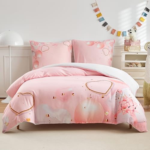 WUMIUER Rosa Bettwäsche 200x200 cm Set 3tlg - Herz Ballon Aufdruck Design - Weich Bettbezug 200x200cm und 2 Kissenbezüge 80x80cm mit Reißverschluss, Süß Bettdeckenbezug für Mädchen Dame Doppelbett