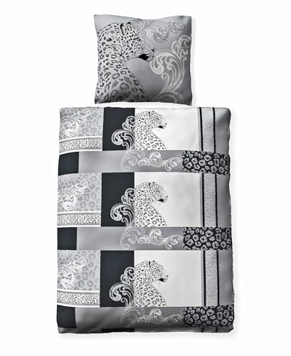 JACK Biber Bettwäsche 2 TLG. 135x200cm Leopard Leomuster Schwarz Weiß Baumwolle Weich Kuschelig