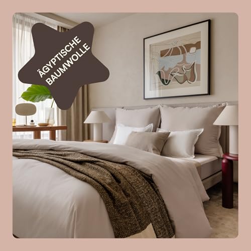 Amqua Mako Satin Bettwäsche Set 135x200cm + Kissenbezug 40x80cm, 100% ägyptische Baumwolle (Zertifiziert), beige/Sand