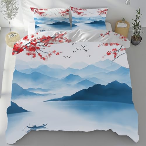 Sobhdga Chinesischer Stil Bettwäsche 135x200 Mikrofaser, Schneeberg See Wasser Schiff Bettwäsche-Sets 3teilig, Tinte Malerei bügelfreie Bettbezug, mit Reißverschluss Und 2 Kissenbezug 80x80 cm