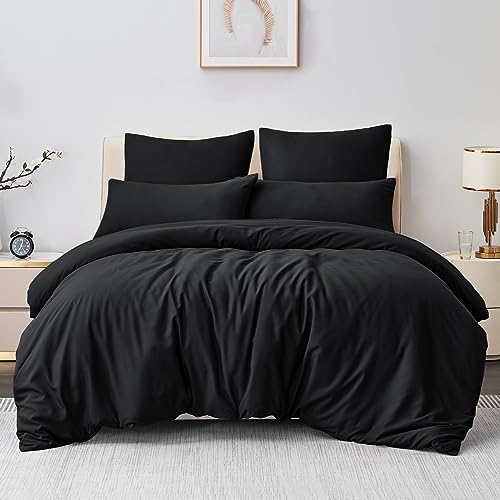 Aisbo Bettwäsche 200x220 3teilig Schwarz - Mikrofaser Bettwäsche-Sets mit Reißverschluss, ÖKO-TEX Bettbezug 220x200 cm 3tlg mit Kissenbezug 80x80 cm, Weich und Bügelfrei