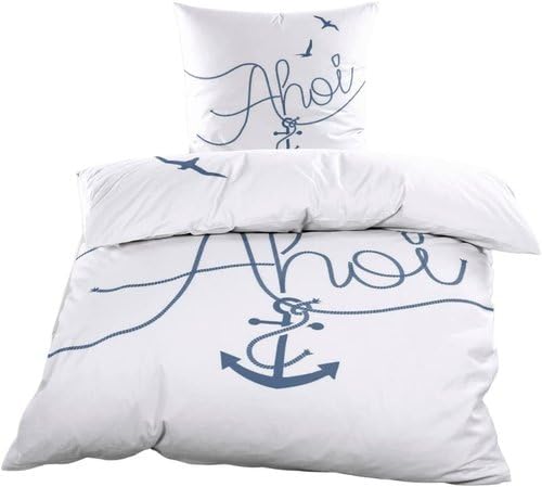 osters muschel-sammler-shop AHOI Bettwäsche Set, Maritimes Design, 135x200 cm Bettbezug, 80x80 cm Kissenbezug, 100% Baumwolle, Weiß-Blau