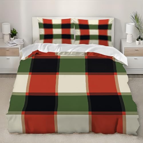Rot, GrüN Und Weiß Kariert Bettwäsche Sets Bettbezüge 3 Teilig 200x200 cm, Atmungsaktive Angenehme Schlichter Stil Bettbezug Weiche Gebürstete Mikrofaser Bettwäsche Sets Mit Reißverschluss