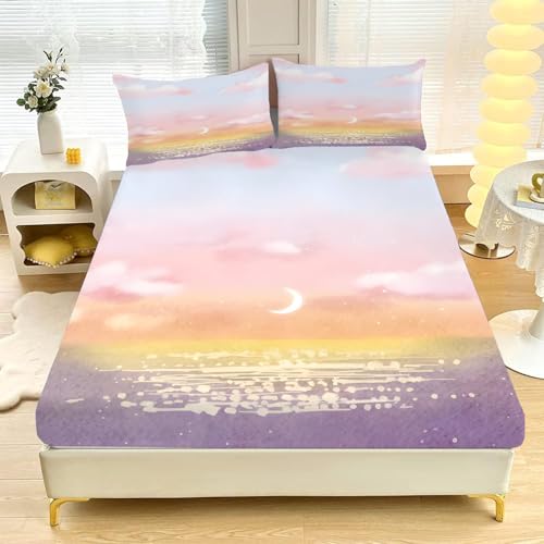 Kleines Doppelbett-Spannbettlaken ,Farbig MondweißE Wolken Weich, Gemütlich, 3-teiliges Mikrofaser-Bettwäsche-Se t mit Tiefer Tasche, 30 cm, 120 x 190 cm, Inklusive 2 Kissenbezügen L97