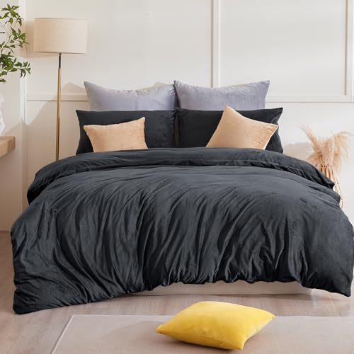 Beqnat Winter Flanell Bettwäsche 155x220 Warme Flauschige Teddy Plüsch Bettwäsche Sets Cashmere Touch Microfaser Fleece 1 Bettbezug + 1 Kissenbezug 80x80 mit Reißverschluss, Anthrazit