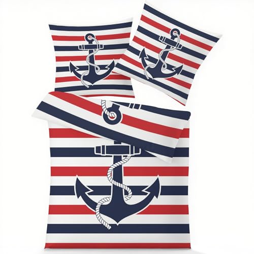 GEDAEUBA Maritim Bettwäsche 135x200 Winter - Anker Nautische Bettbezug, Wendebettwäsche und Kissenbezug 80x80, Weiche & Angenehme Mikrofaser Bettwäsche-Sets mit Reißverschluss