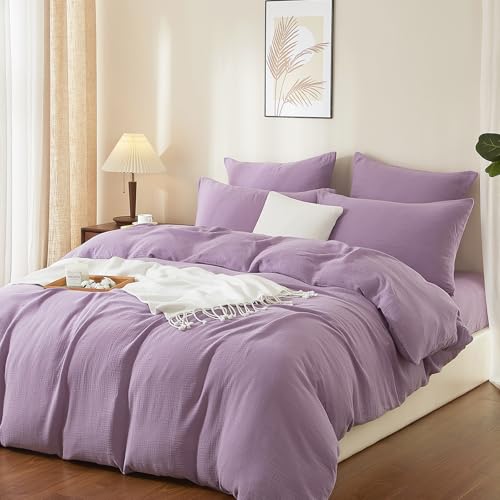Boqingzhu Muslin Bettwäsche 135x200 cm Baumwolle Lila Violett Sommerbettwäsche Weich Kühlend Atmungsaktiv Sommer Bettbezug Einzelbett und Kissenbezug mit Reißverschluss