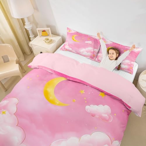 feelingyou Träumiger Sternenhimmel Kinder Bettdecke S Größe Gelbe Sterne Mond weiße Wolken Galaxie Thema Decken Abdeckung für Schlafzimmer Pink Mädchen Drucken Bettwäsche Set(1 Kissenbehälter)
