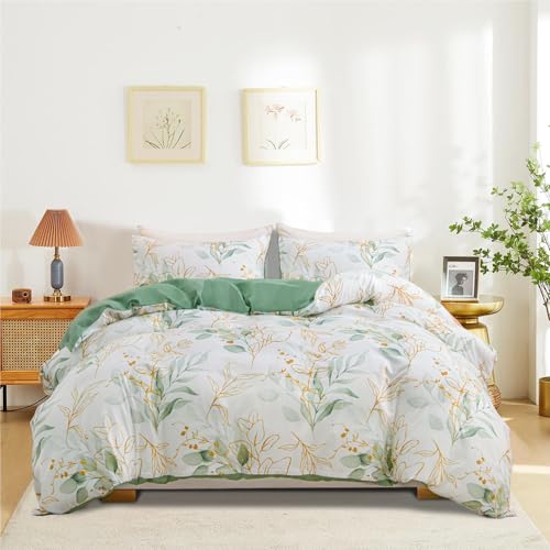 Nyescasa Bettwäsche 155x220 2 Teilig Weiß Grün Blumen Blätter Muster Bettwäsche-Set Gold Pflanzen Botanisch Wendebettwäsche Bunt Weiche Mikrofaser Bettbezug mit Reißverschluss und Kissenbezug 80x80cm