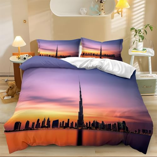 Bettwäsche Bunte Panoramaaussicht auf die Skyline Modern Bettwäsche Set Weich Flauschige 135 x 200 cm Orange Farbe Bettbezug Mikrofaser 1 Deckenbezug mit Reißverschluss 2 Kissenbezug 80x80 cm
