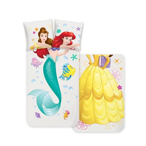 Disney Home Princess Kinder Wendebettwäsche Set 135x200-1 Kopfkissenbezug 80x80 - Ariel & Belle - 2-teilig Prinzessin Bettwäsche, Renforce100% Baumwolle, Weich und angenehm auf der Hau