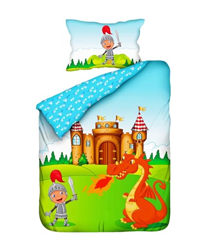 JACK Kinder Renforce Baby Wende Bettwäsche 2 TLG. 100x135cm Drache Ritter Burg Wolke Bunt Reißverschluss