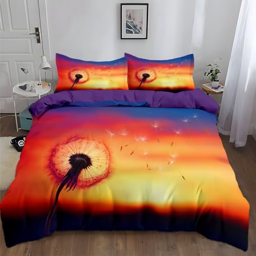 Srigzcaly Naturlandschaft Pusteblume Sonnenuntergang Bettwäsche 135x200 cm Set 3 Teilig, Lila ÖKO-TEX Wendebettwäsche mit Reißverschluss, Weich Mikrofaser Bettbezug und 2 Kissenbezüge 80x80cm