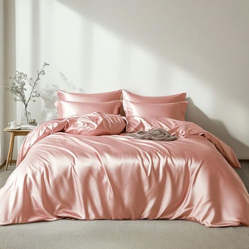 Lanqinglv Bettwäsche Set 135x200cm 2 Teilig Rosa Satin Seide Seidig Luxus Bettbezug mit Reißverschluss und Kissenbezug 80x80cm