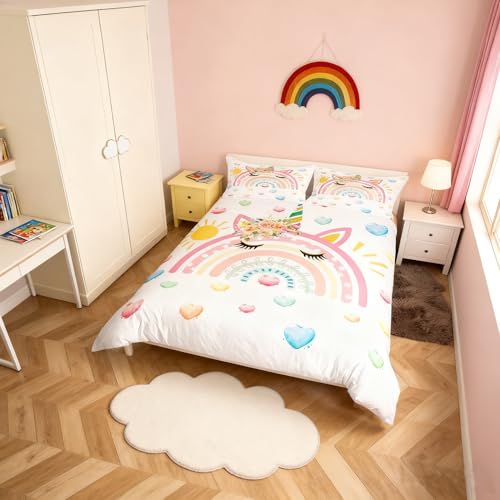 Homemissing Nettes Einhorn Bettwäsche Set 200x200cm Mädchen Träumiges Pferd Betten für Kinder Regenbogen Einhorn Floral Bettbezug Zimmer Dekor Bettwäsche-Set Weich