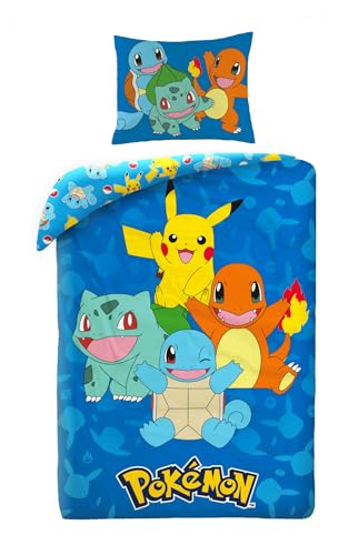 Halantex Bettwäsche Pokemon mit Pikachu, Glumanda, Schwertkäfer und Bulbizarr, Bettbezug 140 x 200 cm + Kissenbezug, Blau, POK579