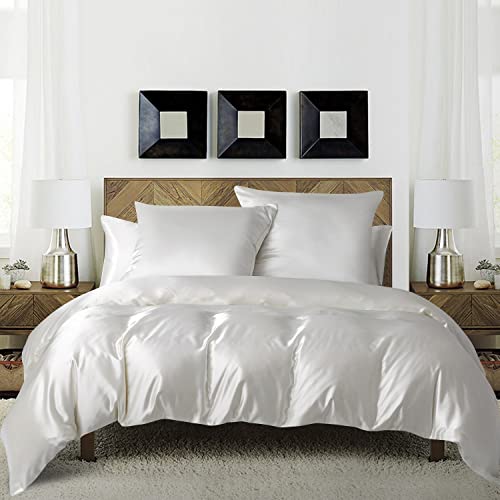Luofanfei Bettwäsche 135x200cm 4teilig Weiß Creme Satin Glänzend Seide Einfarbig Bettwäsche Set Glatt Luxus Glanzsatin Polyester Bettbezüge Set Einzelbett und Kissenbezüge 80x80 cm