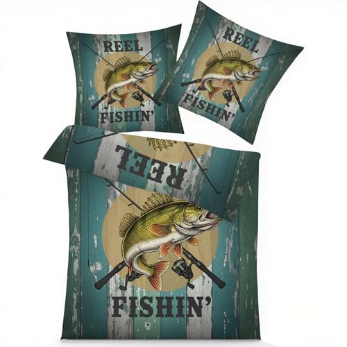 GEDAEUBA Fischen Jagd Bettwäsche 135x200 Winter - Fische Bettbezug, Wendebettwäsche und Kissenbezug 80x80, Weiche & Angenehme Mikrofaser Bettwäsche-Sets mit Reißverschluss