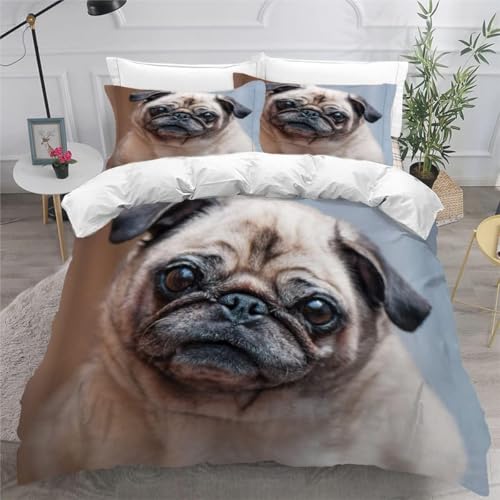 Bettwäsche 155x220 Mops Bettwäsche-Sets Atmungsaktive Angenehme Bügelfrei Microfaser 3D Bettbezug Süßer Hund mit Reißverschluss und 2 Kissenbezüge b.8379