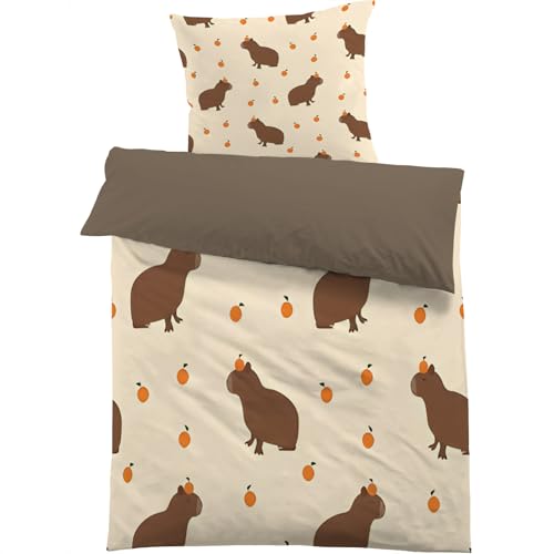 dyausi Capybara Bettwäsche 155x220 Braun Beige, Orange Tier Bettbezug 2 teilig, Niedlich Cartoon Wend Bettwäsche Microfaser, Deckenbezug mit Reißverschluss und 1 Kissenbezug B84