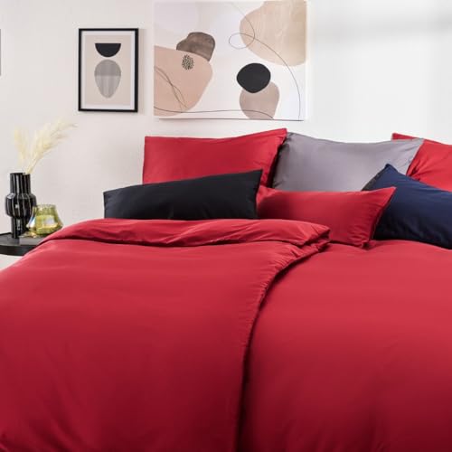 Blumtal Mako Satin Bettwäsche 155x220 Baumwolle Rot - Bettdeckenbezug mit frei wählbaren Kissenbezug - individuell anpassbares Bettwäsche-Set aus 100% Baumwolle - Oeko Tex Zertifiziert