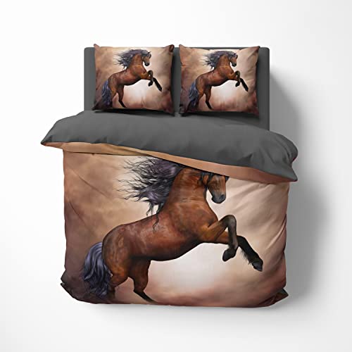 FEBE 3D Bettwäsche Pferd Bettbezug-Set 135x200 + Kissenbezug 80x80 cm Wendebettwäsche 2 Teilig mit Reißveschluss