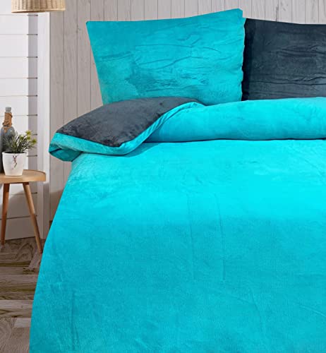 Leonado Vicenti Cashmere Touch Bettwäsche 135 x 200 cm 2 TLG Teddy Plüsch kuschelig warme Winter Wendebettwäsche Türkis Anthrazit