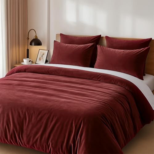 Lanqinglv Plüsch Bettwäsche 220x240 Flauschig Winterbettwäsche aus Biber Flanell,Warme Cashmere Touch ÖKO-TEX Bettwäsche Set Weinrot Rot Bettbezug mit Reißverschluss und 2 Kissenbezug 80x80