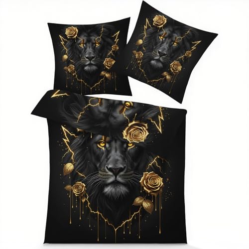 GEDAEUBA Bettwäsche 200x220 Löwe - Schwarz Gold Bettbezug, Wendebettwäsche und Kissenbezug 80x80, Weiche & Angenehme Mikrofaser Bettwäsche-Sets mit Reißverschluss GEDAEUBA Bettwäsche 200x220 Löwe - Schwarz Gold Bettbezug, Wendebettwäsche und Kissenbezug 80x80, Weiche & Angenehme Mikrofaser Bettwäsche-Sets mit Reißverschluss