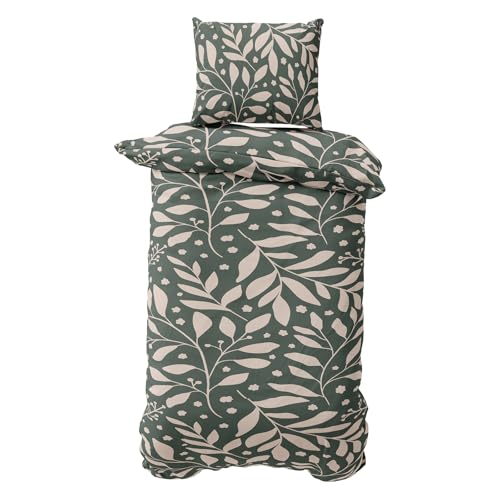Visaggio Bettwäsche Baumwolle Jersey 135x200 cm Bettbezug Garnitur Set YKK Reißverschluss geblümt Dunkelgrün Beige 4-Jahreszeiten