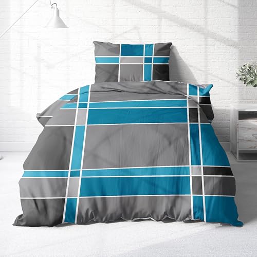 Träumschön Biber Bettwäsche 135x200 4tlg - Bettwäsche-Set im Karo Design - Biber Bettwäsche 135x200 cm & Kissen 80x80 - Kuschelige Bettwäsche