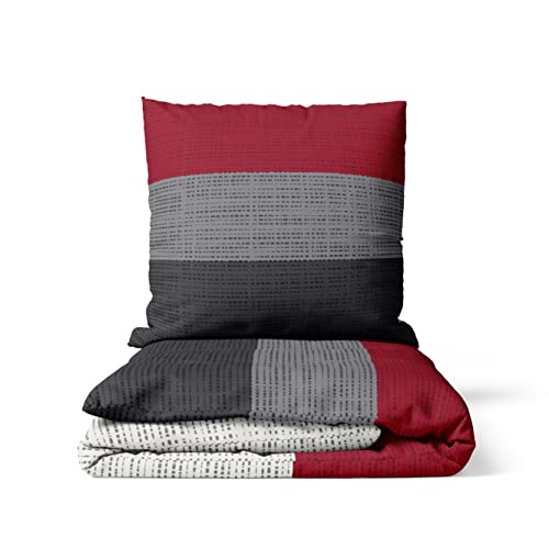 LARAWELL Bettwäsche 135x200 Baumwolle Ganzjahres Bettwäsche-Sets rot grau gestreift Premium