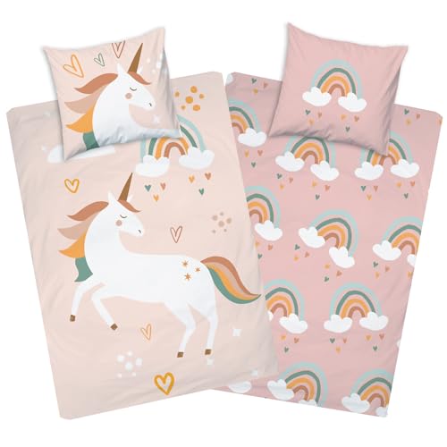 Aminata kids Bettwäsche Kinder 135x200 Mädchen Einhorn Motiv aus Baumwolle mit Reißverschluss Kinder-Wende-Bettwäsche- Set Jugendliche Einhornbettwäsche rosa Regenbogen Aminata kids Bettwäsche Kinder 135x200 Mädchen Einhorn Motiv aus Baumwolle mit Reißverschluss Kinder-Wende-Bettwäsche- Set Jugendliche Einhornbettwäsche rosa Regenbogen