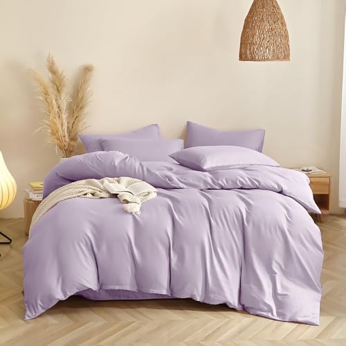 Covebett Bettwäsche Baumwolle 220x240 Flieder Lila Violett Uni Einfarbig Weich Renforce Baumwollbettwäsche Set Ästhetik ÖKO-TEX Doppelbett Bettbezug mit Reißverschluss und 2 Kissenbezug 80x80cm