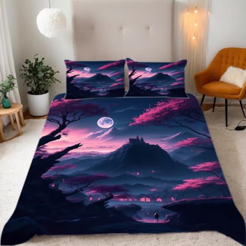 Ruiqieor Bettwäsche 155x220 cm,Schneebedeckte Berge Vulkane rosa und Violette Baumarten Bettwäsche Set Bettbezug und 2 Kissenbezug 50x75 cm,color9