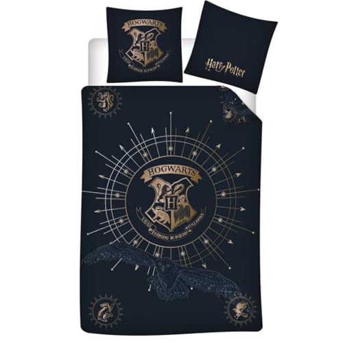 Harry Potter Bettwäsche Set Kinder 135x200 cm mit Hogwarts-Wappen – Kissenbezug 65x65 cm – Schwarz-Gold – Baumwoll-Mischgewebe – atmungsaktiv & pflegeleicht – magisches Design für Fans