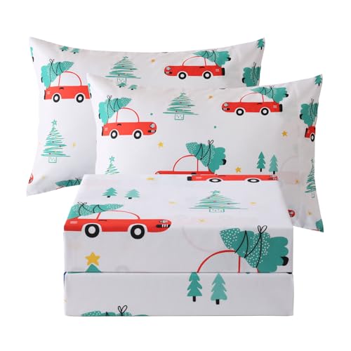 JSD Red Cars Weihnachts-Bettwäsche-Se t für Kinder, volle Größe, 4-teilig, weicher Weihnachtsbaum, bedruckt, Mikrofaser, tiefe Tasche